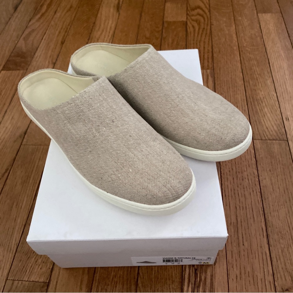 Vince Vianne Mule Slip On Shoe Sneaker in Natural Canvas Leather Insole Comfort - Picture 2 of 7
